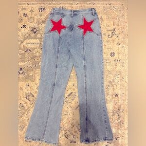 Women's Blue flare Jeans with Red Star Accents